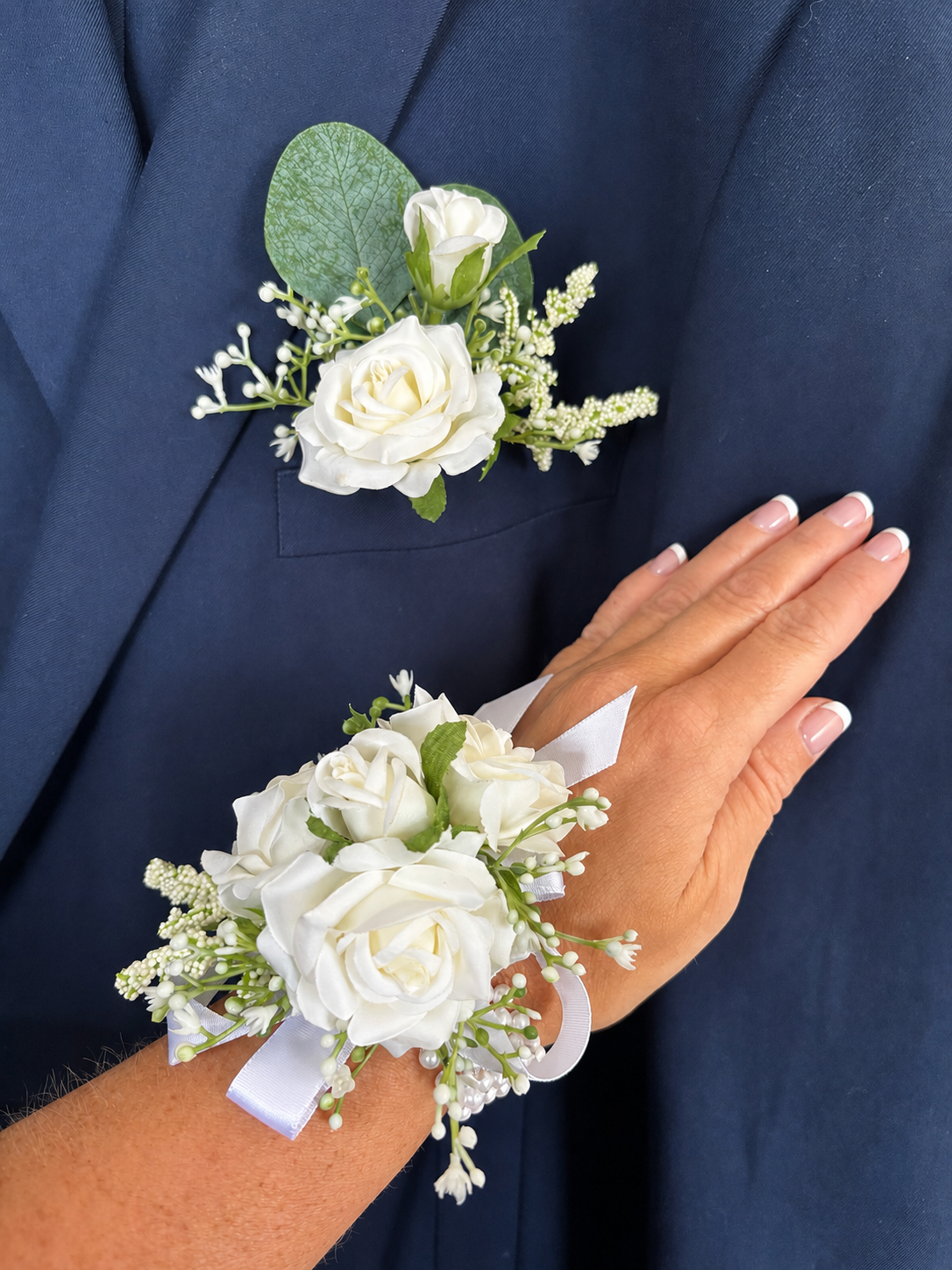 Faux Flower Corsage & Buttonhole Set White