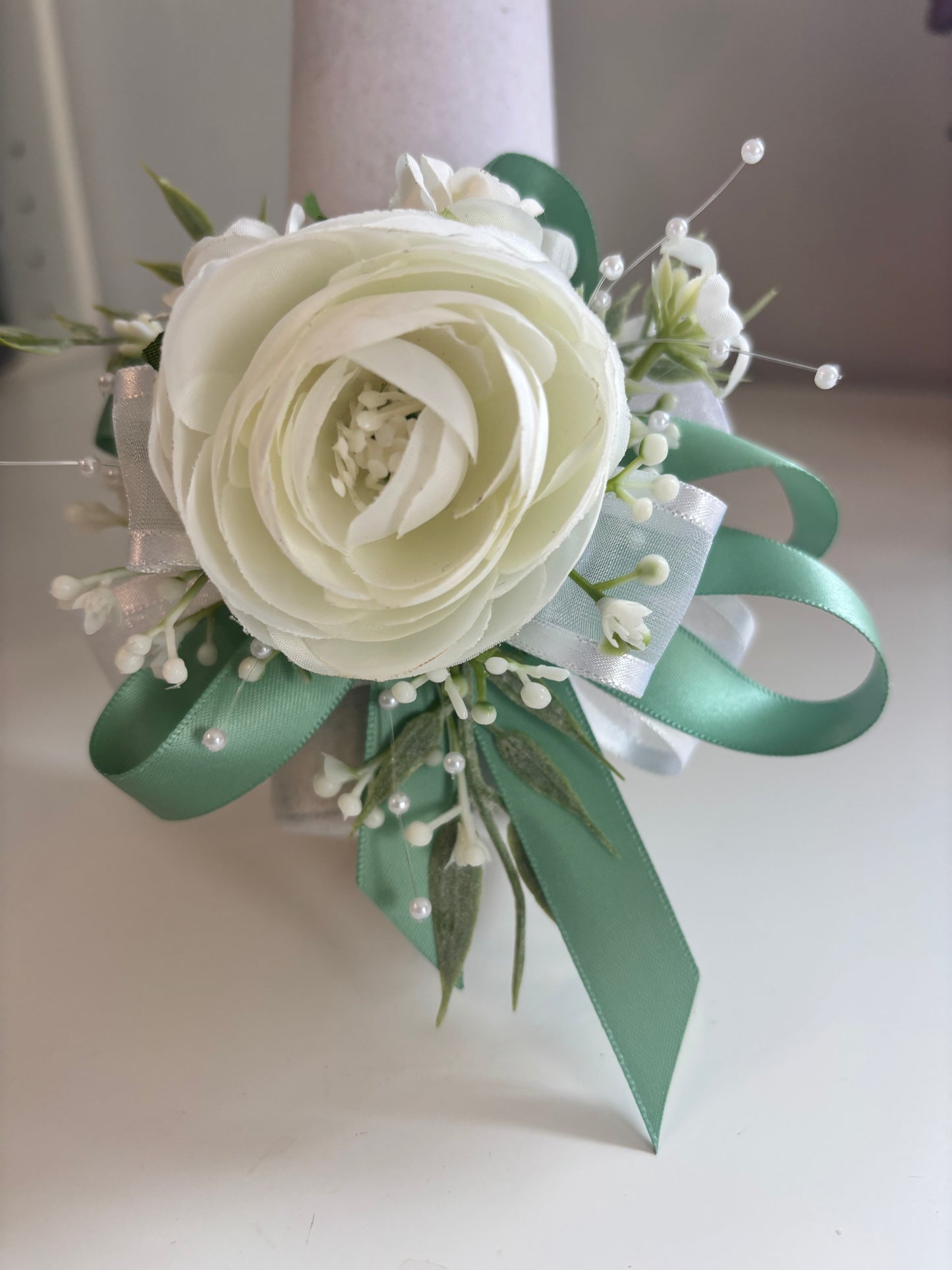 Faux Flower Corsage Mint Green
